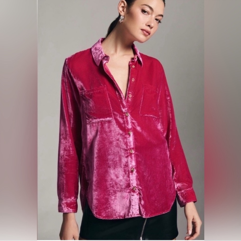 Pilcro Anthropologie The Hadley Velvet Relaxed Button Down Shirt Hot Pink Luxe